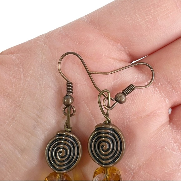 Natural Stone & Antiqued Brass Swirl Amber Faceted Bead Dangle Pierced Earrings - Picture 7 of 8